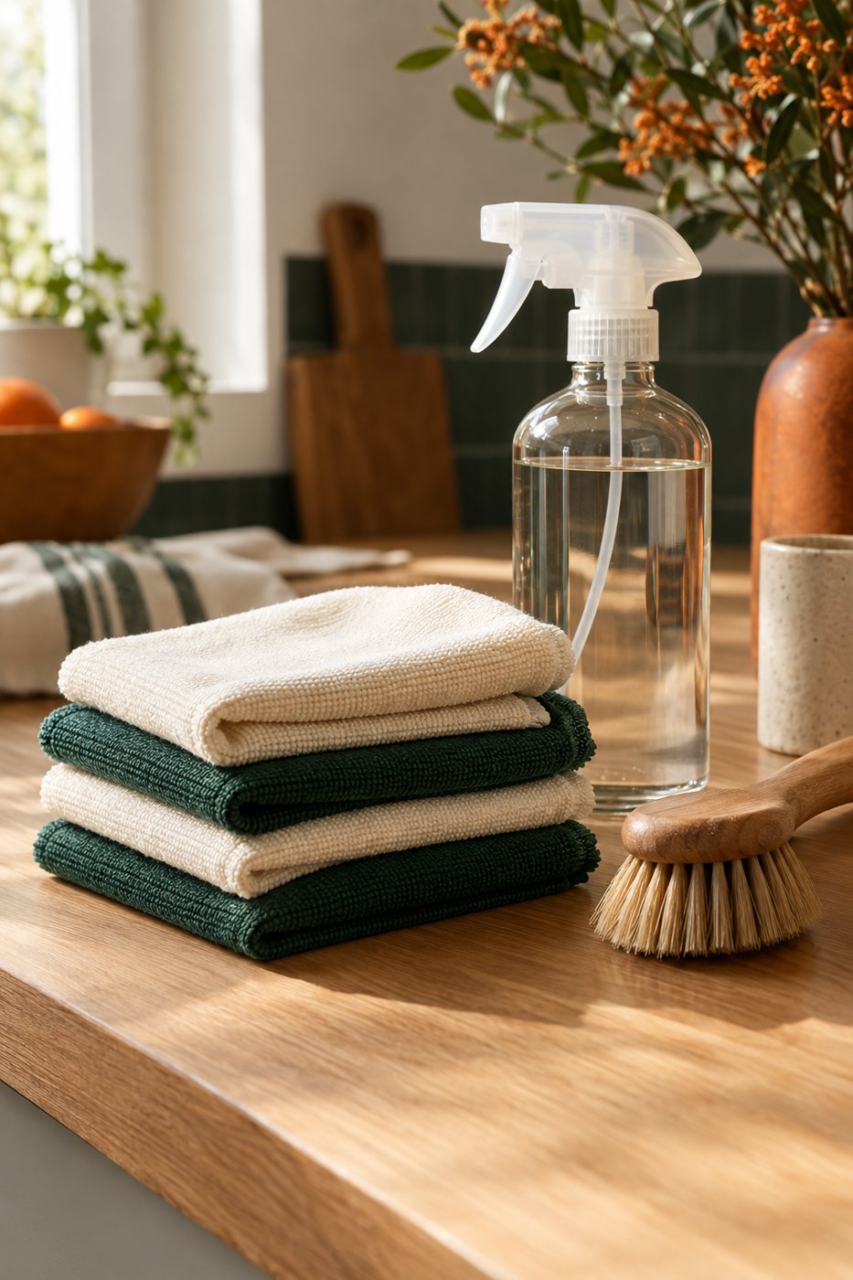 Folded cleaning cloths, a spray bottle and a brush on an oak counter